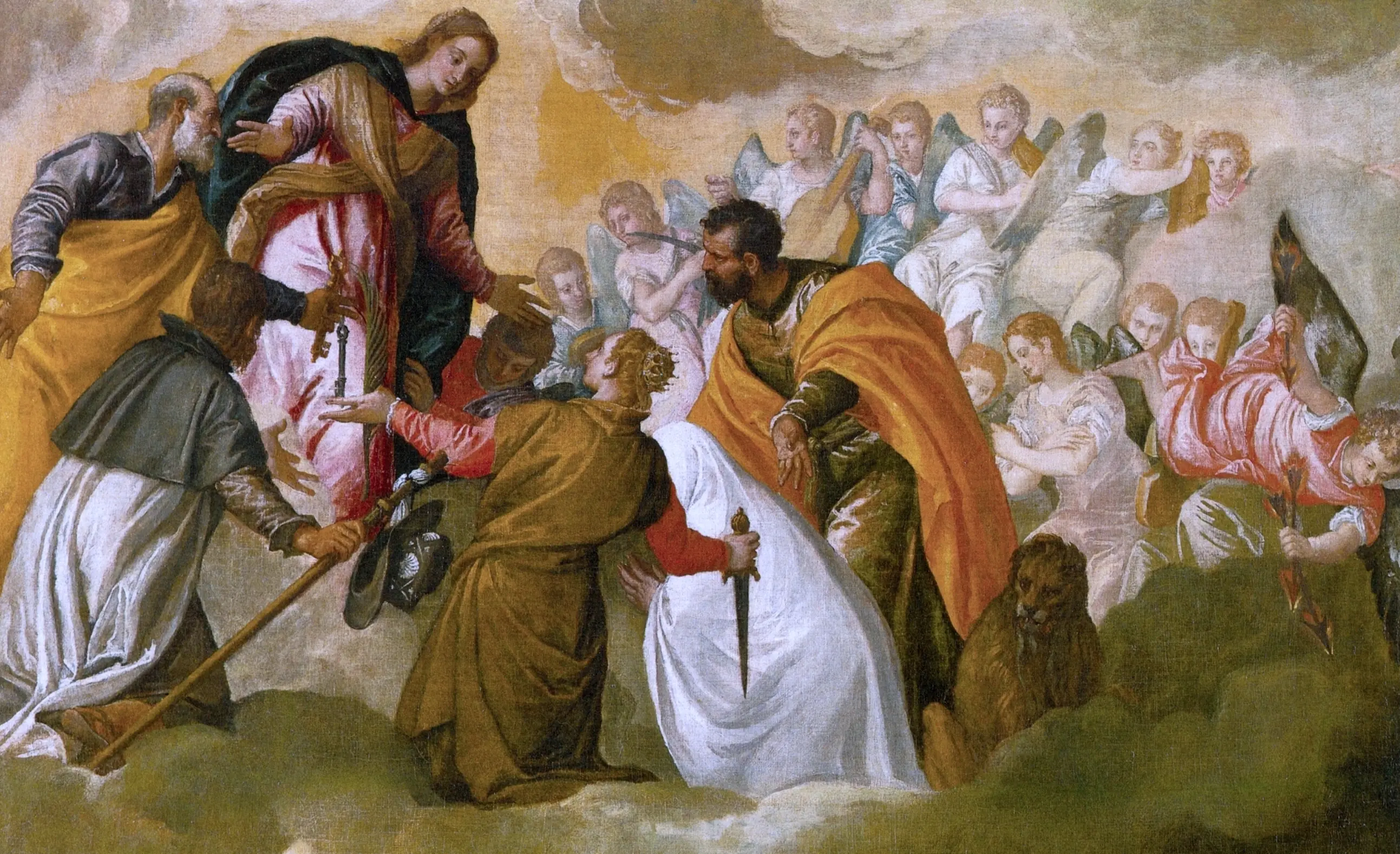 Paolo Veronese's allegory of the victory of Lepanto: Venice, personified as a kneeling crowned woman, is commended by her patron saints to Our Lady in heaven as angels hurl fire down upon the Ottoman fleet.
