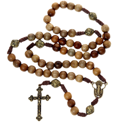 A traditional wooden-bead rosary with a brass crucifix and a centerpiece medal of Our Lady.